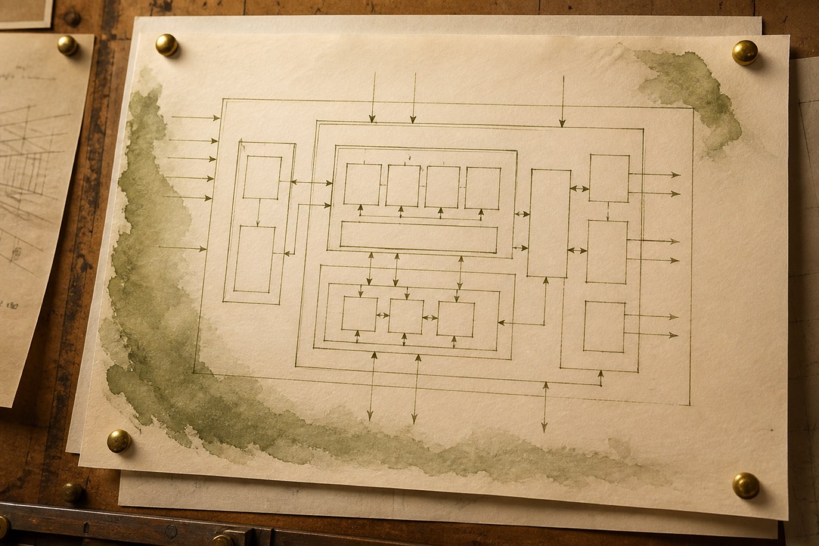 Vellum sheets pinned to a draughting board with olive-ink system diagrams.